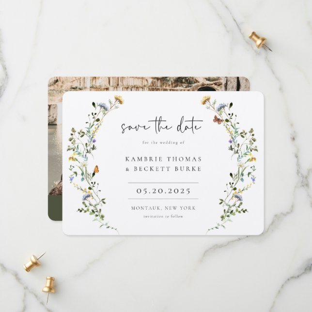 Save The Date Wild Meadow Wreath Floral Photo (Devant/Arrière en situation)