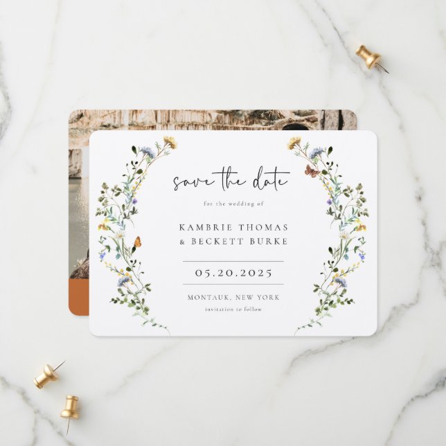 Save The Date Wild Meadow Wreath Floral Photo (Devant/Arrière en situation)