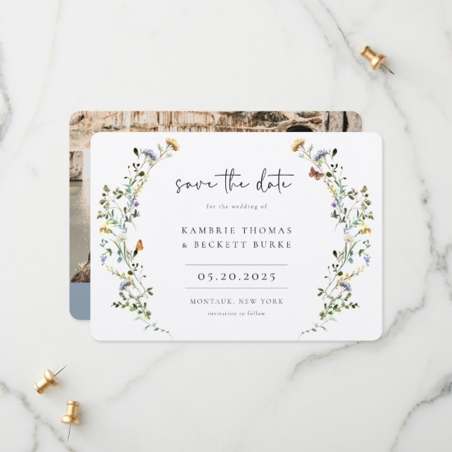 Save The Date Wild Meadow Wreath Floral Photo (Devant/Arrière en situation)