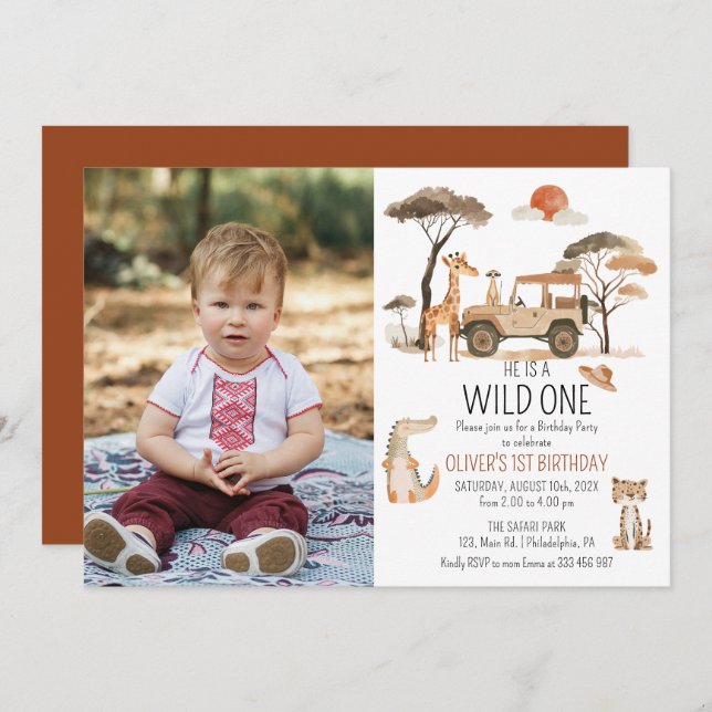 Save The Date Wild One Boy 1st Birthday Safari Photo (Devant / Derrière)
