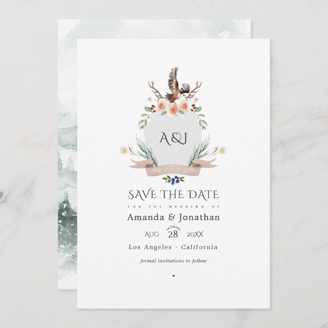 Save The Date Wild Woodland Laurel Crest Mariage Photo (Devant / Derrière)