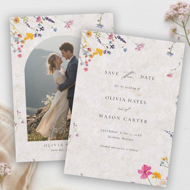 Save The Date Wildflower Garden Modern Blush Pink Photo Wedding (wildflower wedding photo save the date watercolor garden backyard barn summer spring pink arch)