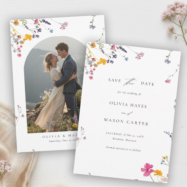 Save The Date Wildflower Garden Modern Watercolor Photo Wedding (wildflower wedding photo save the date watercolor garden backyard barn summer spring elegant arch)