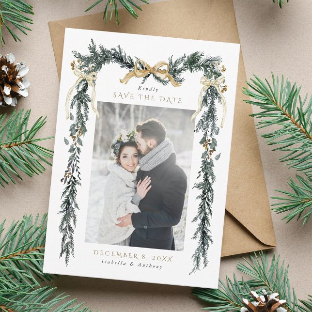 Save The Date Winter Greenery Garland Wedding Photo Gold & Green (Créateur téléchargé)