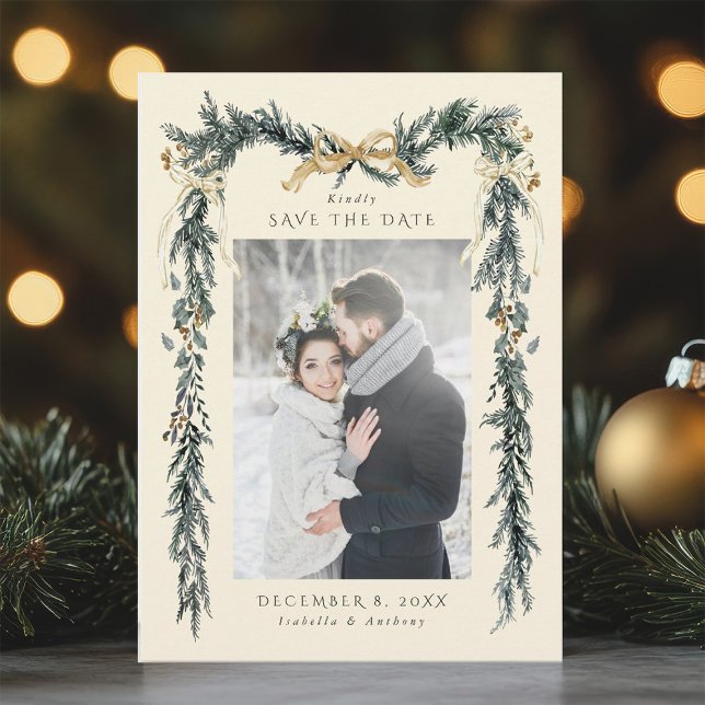 Save The Date Winter Greenery Garland Wedding Photo Ivory (Créateur téléchargé)