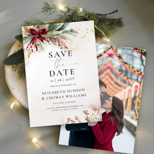 Save The Date Winter Greens Christmas Red Bow Mariage photo