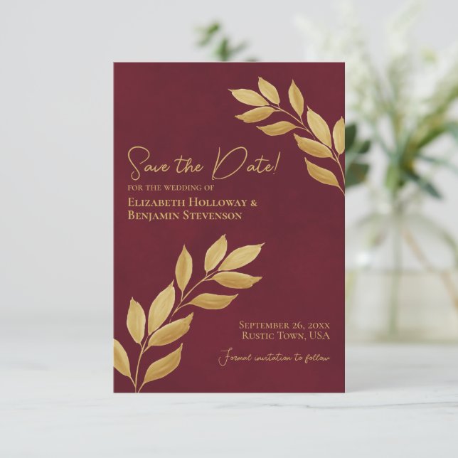 Save The Date Wistful Leaves Elegant Burgundy and Gold Wedding (Debout devant)