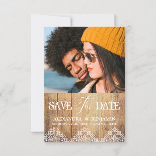 Save The Date Wood Photo Lace Effect Whimsical Typography (Devant)