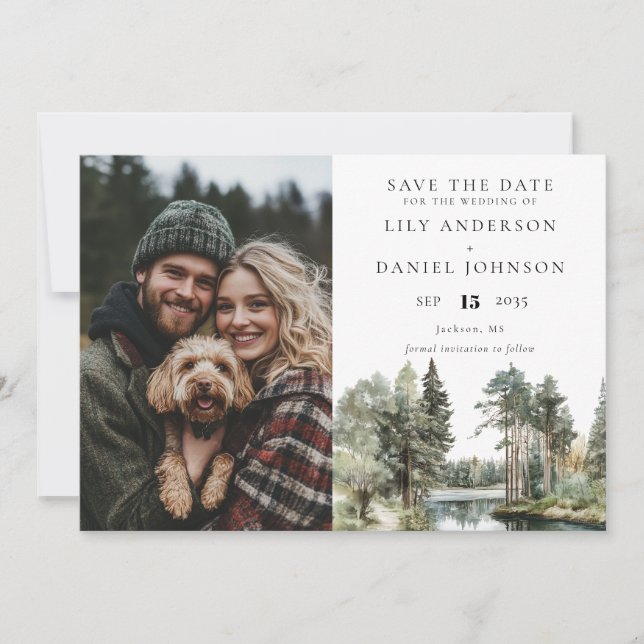 Save The Date Woodland Forest Lake Photo Wedding (Devant)