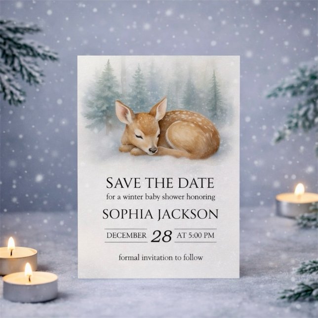 Save The Date Woodland Sleeping Baby Deer Winter Baby Shower (Woodland Sleeping Baby Deer Winter Baby Shower Save The Date)