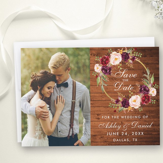 Save The Date Wreath Floral Rustique Bois Bourgogne Enregistrer  (Customize to change text size, style or to add more text to back of card.)