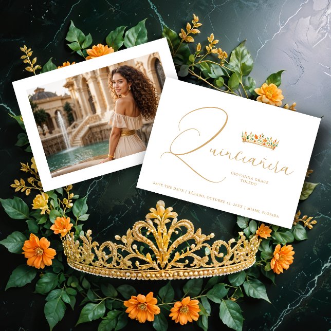 Save The Date XVs Sophisticated Colorful Tiara & Elegant Script (Sophisticated Colorful Princess Tiara & Elegant Script Photo Quinceañera Save the Date Cards.)