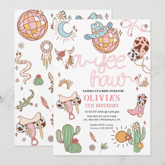 Save The Date Yee comment Fille Anniversaire Disco Rodeo Party (Devant / Derrière)