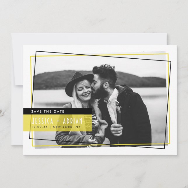 Save The Date Yello & Black Abstrait Frame Photo Enregistrer La  (Devant)