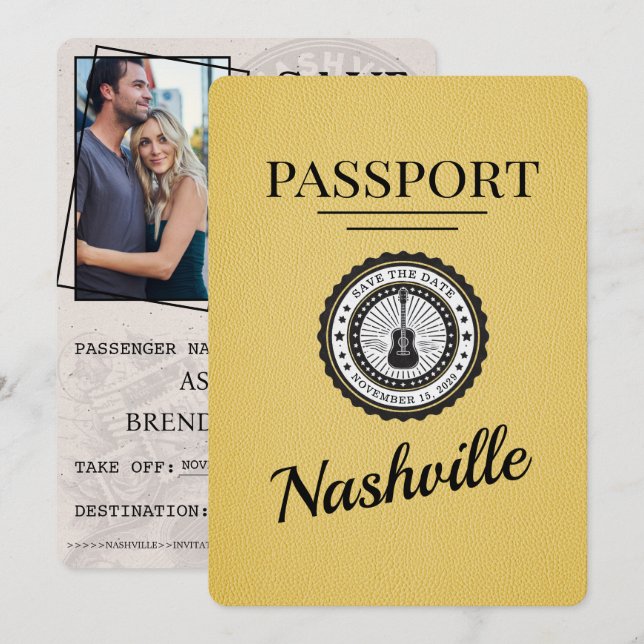Save The Date Yellow Nashville Passeport Enregistrer La Date (Devant / Derrière)