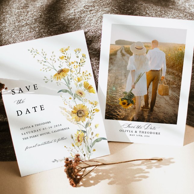 Save The Date Yellow Wildflower Sunflower Wedding Photo Back (Yellow sunflower wildflower photo save the date card elegant rustic garden wedding stationery)