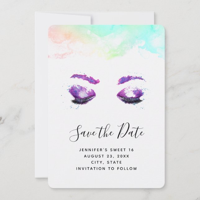 Save The Date Yeux violets glamour & sourcils à l'aquarelle (Devant)