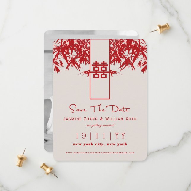 Save The Date Zen Bambou Double Bonheur Chinois Faire Part de Ma (Devant/Arrière en situation)