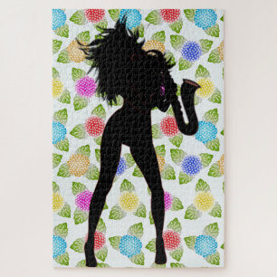 Saxophone Joueuse fille Jigsaw Puzzle Silhouette