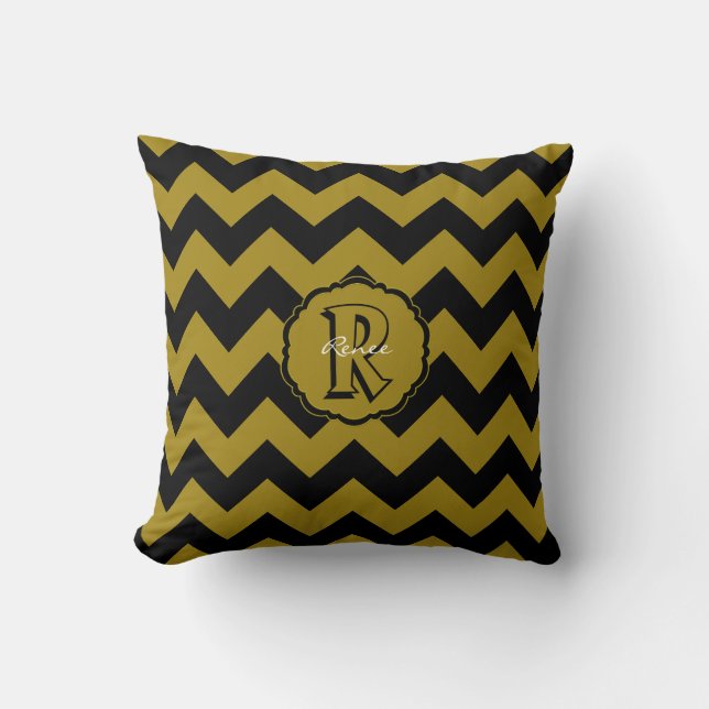 SC Chevron, Lettre Noir-Or R Sq. Coussin (Recto)
