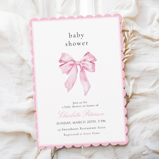 Scallopped Pink Bow Baby Shower Invitation (Créateur téléchargé)