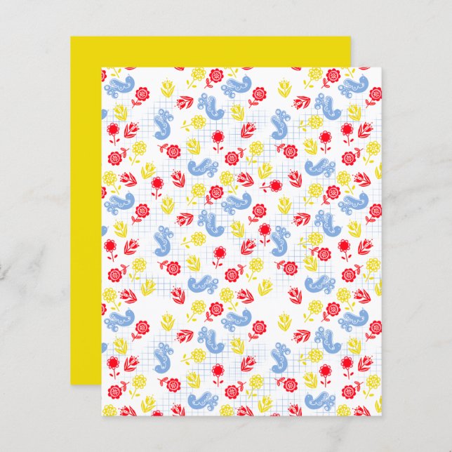 Scandi Ditsy Blue Bird Rouge Jaune Fleur Scrapbook (Devant / Derrière)