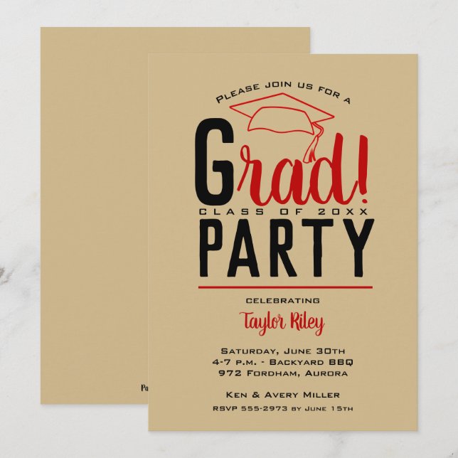 Scarlet Gold Black Graduation Party Invitations (Devant / Derrière)