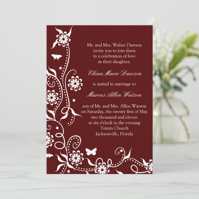 Scarlet Red Floral Faire-part de mariage (Debout devant)