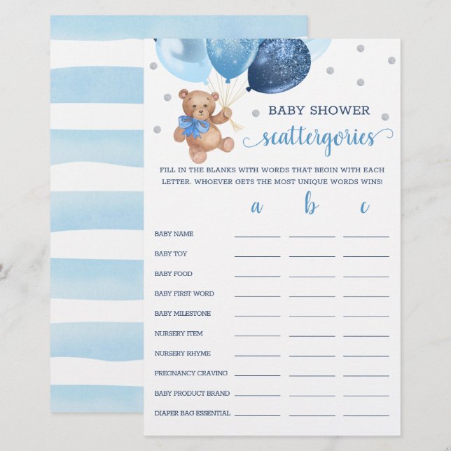 Scattergories Jeu Baby shower Teddy Ours (Devant / Derrière)