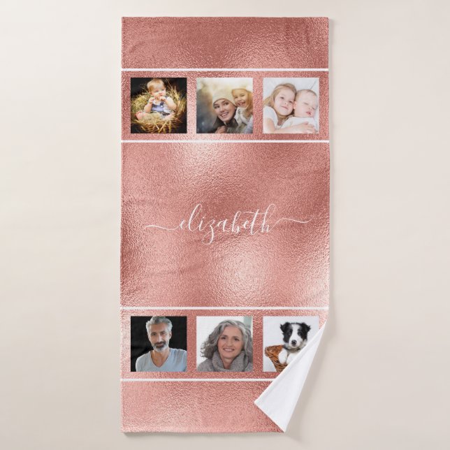 Scénario de monogramme de collage photo en or rose (Serviette de bain)