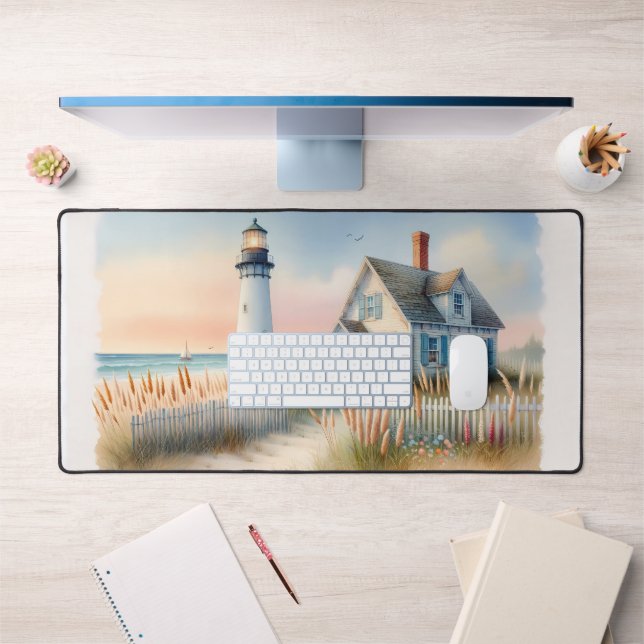 Scène aquarelle d'un phare et d'un cottage au bord (Bureau 1)
