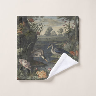 Scène botanique de grues bleues au bord d'une rivi