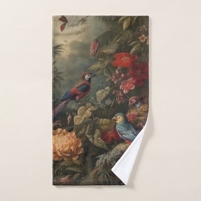 Scène botanique vintage oiseaux fleurs au paradis (Serviette à main)
