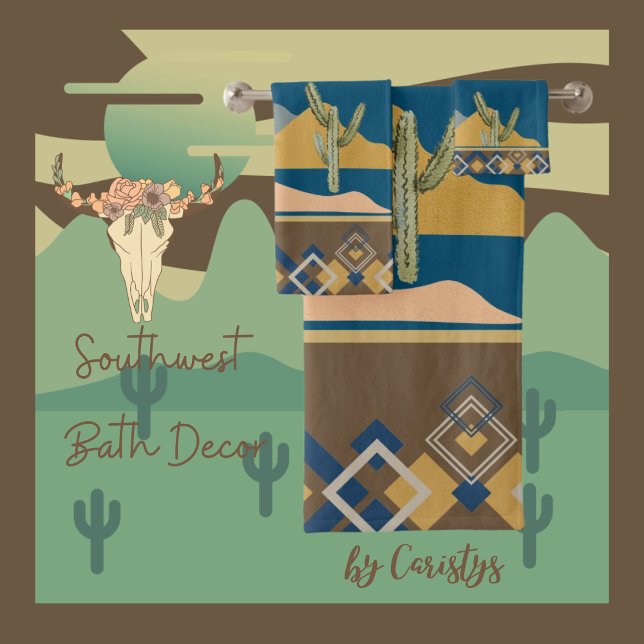 Scène de Cactus du désert et ajustement géométriqu (Southwest Bath Decor
Available in Golden Rod, Clay, Brown, Olive, Navy, Smokey Teal)