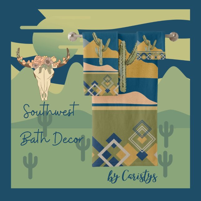 Scène de Cactus du désert et ajustement géométriqu (Southwest Bath Decor 
Available in Olive, Navy, Smokey Teal, Golden Rod, Clay, Brown. )