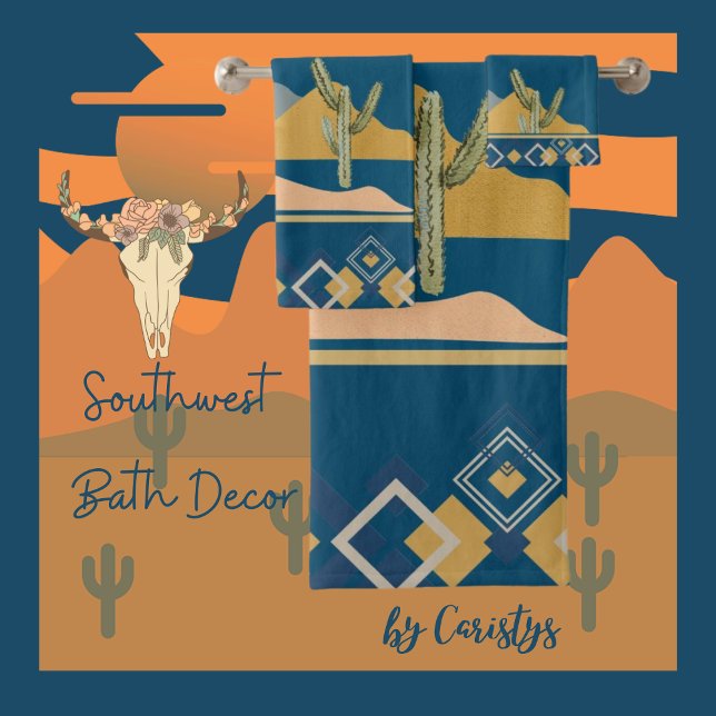 Scène de Cactus du désert et ajustement géométriqu (Southwest Bath Decor
Available in Navy, Smokey Blue,   Clay, Olive, Golden Rod, Brown)