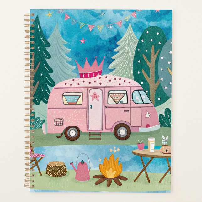 Scène de camping Whimsical Pink Camper Van Camping (Devant)