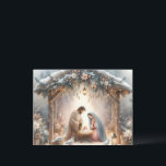 Scène de crèche rustique avec carte de fleurs d'hi<br><div class="desc">Cette crèche sereine capture la beauté paisible de la Sainte Famille sous une étable en bois rustique, délicatement éclairée par des lanternes et entourée de douces chutes de neige. Le design présente Marie, Joseph et le bébé Jésus dans un moment chaleureux et révérencieux, accentué par des fleurs d'hiver délicates, des...</div>