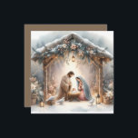 Scène de crèche rustique avec carte de fleurs d'hi<br><div class="desc">Cette crèche sereine capture la beauté paisible de la Sainte Famille sous une étable en bois rustique, délicatement éclairée par des lanternes et entourée de douces chutes de neige. Le design présente Marie, Joseph et le bébé Jésus dans un moment chaleureux et révérencieux, accentué par des fleurs d'hiver délicates, des...</div>