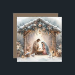 Scène de crèche rustique avec carte de fleurs d'hi<br><div class="desc">Cette crèche sereine capture la beauté paisible de la Sainte Famille sous une étable en bois rustique, délicatement éclairée par des lanternes et entourée de douces chutes de neige. Le design présente Marie, Joseph et le bébé Jésus dans un moment chaleureux et révérencieux, accentué par des fleurs d'hiver délicates, des...</div>