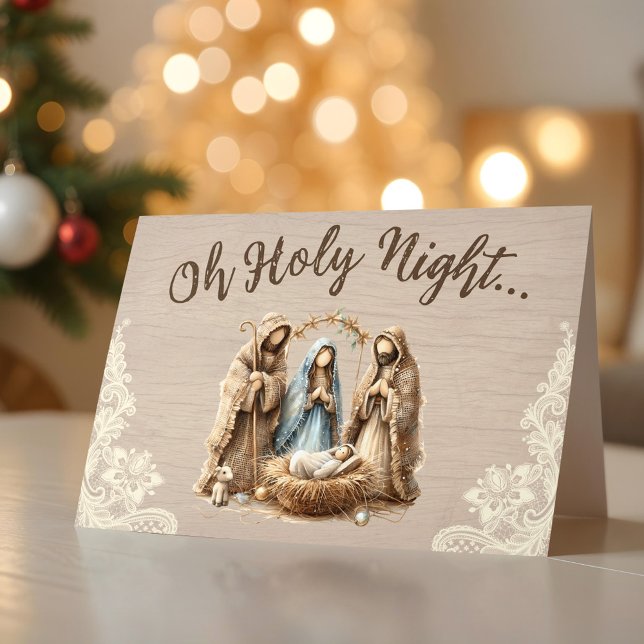 Scène de Nativité Rustique Oh Sainte Nuit Carte de (Rustic Nativity Scene Oh Holy Night Christmas Card)