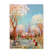 Scène de neige de l'église Carte postale Art Vinta