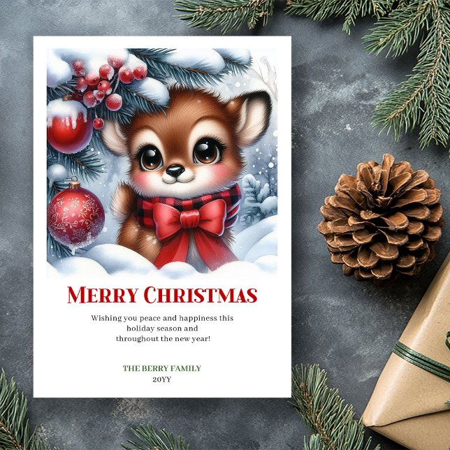 Scène de Noël bébé faon à l'aquarelle Carte de vœu (Watercolor Baby Fawn Christmas Scene Cozy Greeting Card

)