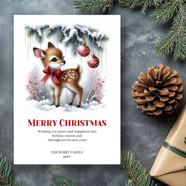 Scène de Noël bébé faon à l'aquarelle Carte de vœu (Watercolor Baby Fawn Christmas Scene Cozy Greeting Card

)