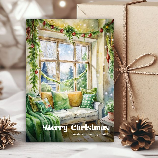 Scène de Noël charmante carte classique rouge vert (Charming Christmas scene card classic red green tag

)
