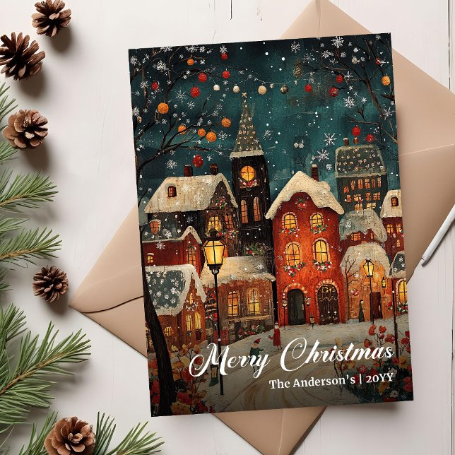 Scène de Noël cosy et rétro sur carte de saison (Cozy old fashioned Christmas scene seasonal card)