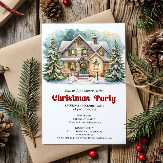 Scène de Noël cosy Invitation de vacances à l'aqua (Cozy Christmas Scene Watercolor Holiday Invite)