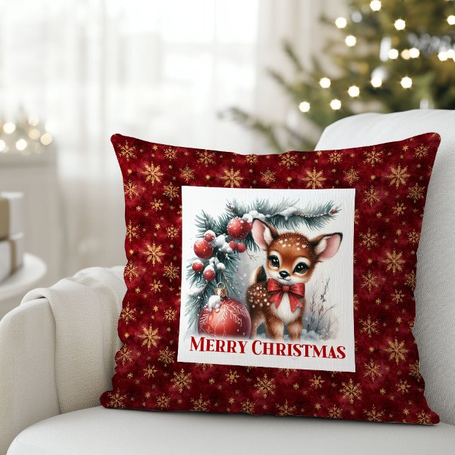 Scène de Noël enneigée bébé faon oreiller de Noël  (Frosty Christmas scene baby fawn Christmas pillow (51))