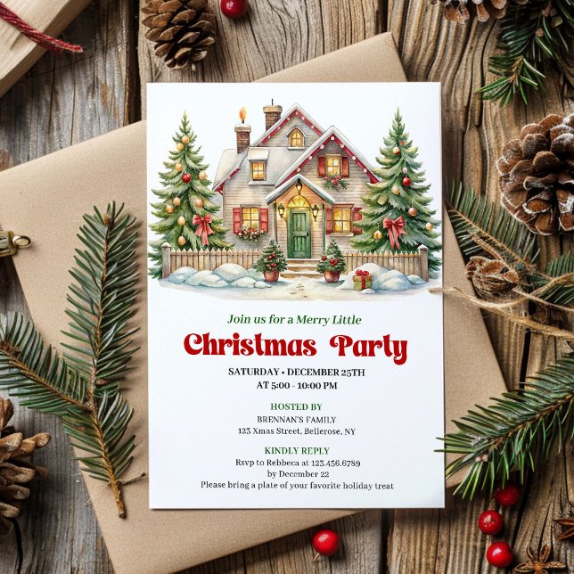 Scène de Noël festive Invitation de vacances rouge (Festive Christmas Scene Red Green Holiday Invite)