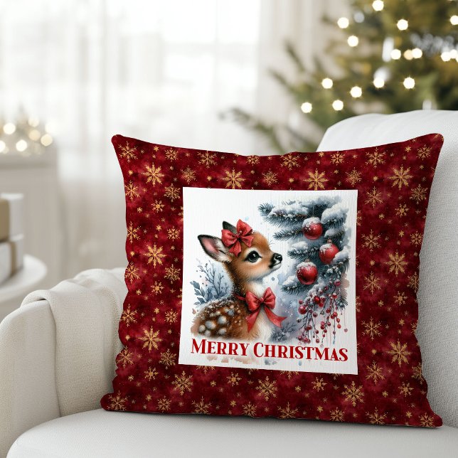 Scène de Noël feutrée bébé faon oreiller de Noël  (Hushed Christmas scene baby fawn Christmas pillow (51))